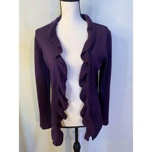 Talbots Purple Open Front Merino Wool Ruffle Cardigan Sz S Soft Long Sleeve
